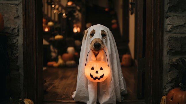 Cute dog dressed as a ghost holding a plastic pumpkin candy bucket for halloween with ghost costume trick or treat portrait