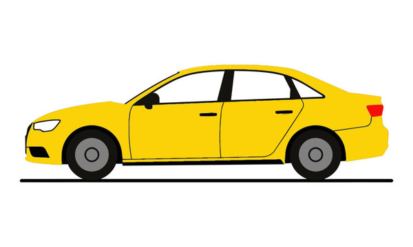 Side profile of a yellow sedan car with clean flat shapes and minimal geometry isolated on a white background, modern transportation concept