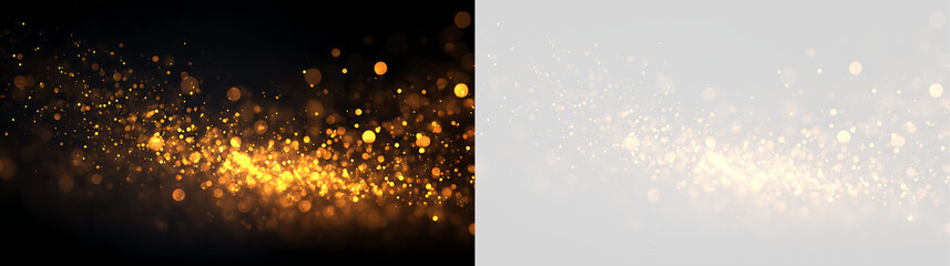 Golden bokeh light particles on black background. Abstract glowing dust overlay for design. Festive magic sparkle effect © Светлана Гончаренко