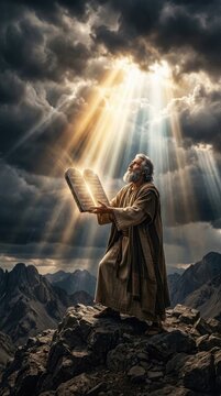 Ancient prophet receive: divine Commandment, stone tablet, holy mountain, heaven light, old man, sacred text, desert landscape, spiritual journey, sacred covenant, Mount Sinai.