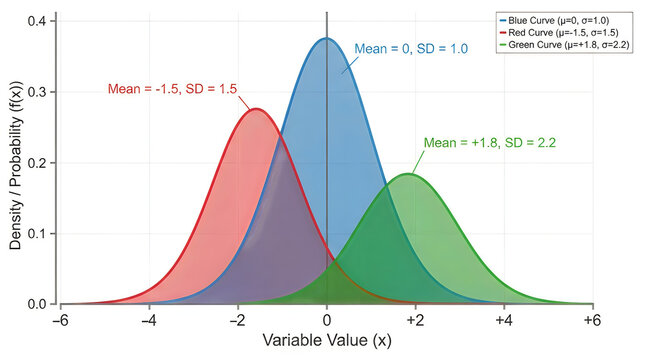 Three normal distribution bell curves with different mean and standard deviation values in a statistical chart