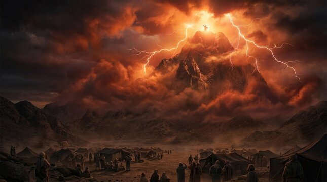 Divine covenant reveal: Moses receive, God word, Sinai mountain, Israel camp, sacred law, ten commandment, storm sky, desert expanse.
