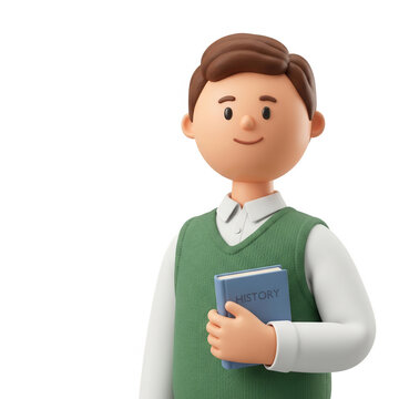Personnage 3D d'&eacute;tudiant tenant un livre d'histoire