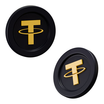 3D Tether USDT Crypto Coins in Black and Gold on White Background