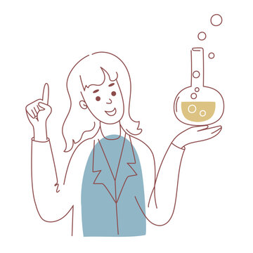 Vector Woman scientist holding laboratory flask with bubbling liquid and pointing finger up. Female chemist presenting chemistry experiment. Science education and research concept in line art style.