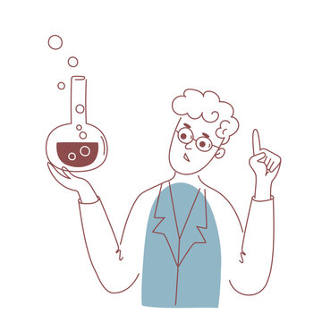 Scientist man holding chemistry flask with bubbling liquid in one line drawing style. Chemist with glasses pointing up explaining experiment. Science education and laboratory research concept for pres