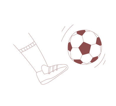 Leg of soccer player in boot kicking ball. Minimalist line art illustration of football kick action. Sport game and active lifestyle concept for poster and web design.