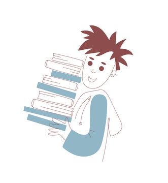Happy boy carrying a stack of books. Smiling kid student holding pile of textbooks. Childhood reading and education concept. Flat cartoon illustration for school, library and study design.