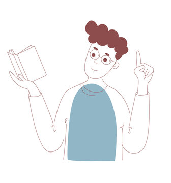 Young man with glasses holding book and raising finger with idea. Student reading and having insight. Education, learning and knowledge concept in flat cartoon style.