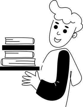 Happy boy carrying a stack of books. Smiling kid student holding pile of textbooks. Childhood reading and education concept. Flat cartoon illustration for school, library and study design.