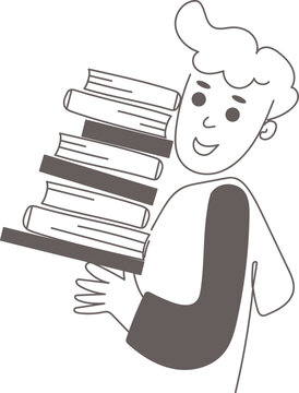 Happy boy carrying a stack of books. Smiling kid student holding pile of textbooks. Childhood reading and education concept. Flat cartoon illustration for school, library and study design.