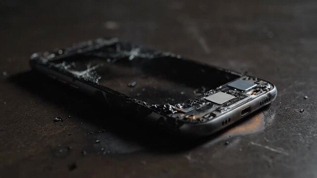 Smartphone on Fire with Smoke, Broken Screen, and Exposed Circuitry