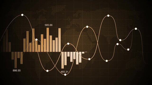 Financial data screen with bar charts and line graphs over a world map background animation