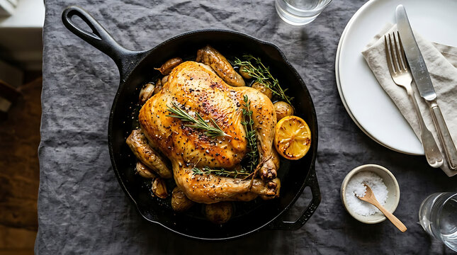 Delicious roasted whole chicken seasoned with fresh lemon and aromatic herbs presented in a cast iron skillet with accompanying side dishes and