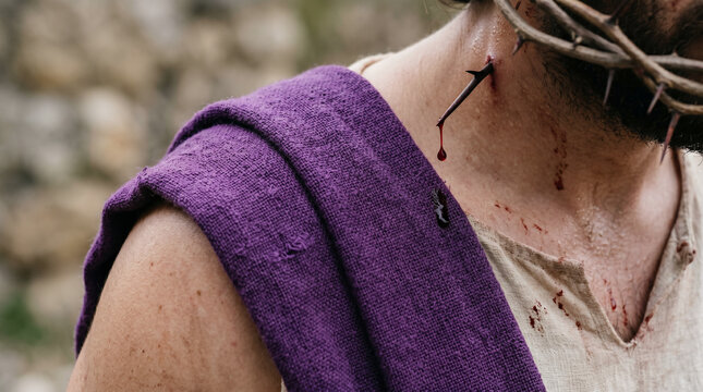 Ecce Homo, Pilate presenting a severely beaten Jesus, wearing the purple robe and crown of thorns, to the furious, shouting mob