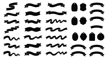 Fototapeta premium Set of black ribbon banners and blank decorative hang tags on a white background with background graphic design collection various black