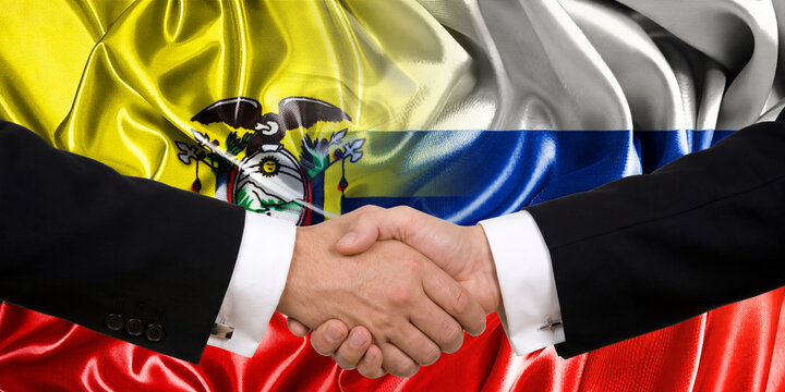 Handshake between Russia and Ecuador, international friendship, background with flags. Flags.