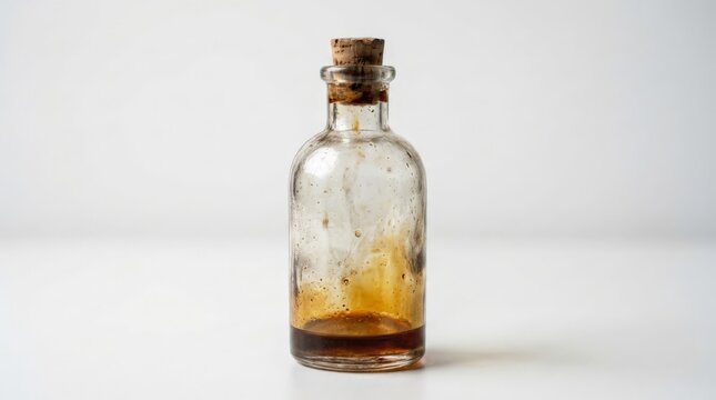 A close up view of an old glass bottle containing expired medication, sealed with a cork stopper against a bright background, representing the theme of outdated pharmaceutical treatments