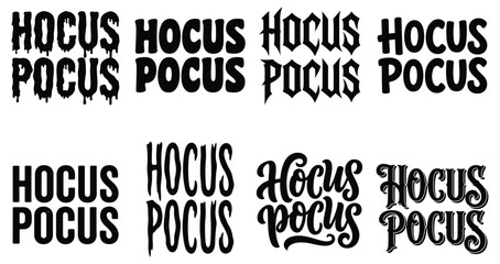 Obraz premium Set of black hocus pocus typography designs in various creative fonts arranged on a white background with pocus diverse decorative