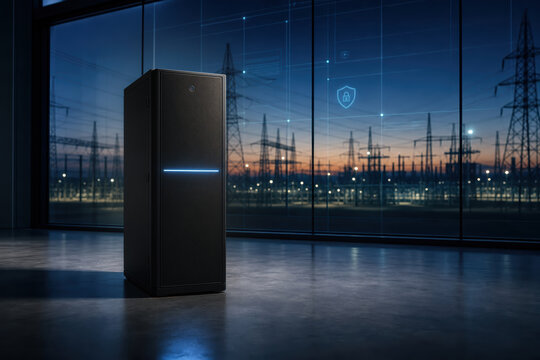 Black server tower in control room with electric blue cyber shield overlay protecting power grid infrastructure and industrial control system security at dusk