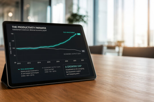 High-end tablet on oak boardroom table displaying Productivity Paradox financial chart with glowing teal AI ROI line diverging from muted grey economic output line corporate office editorial visual