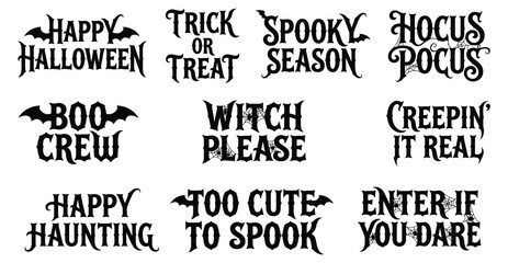 Obraz premium Set of eleven black halloween theme typography phrases with decorative bat with designs