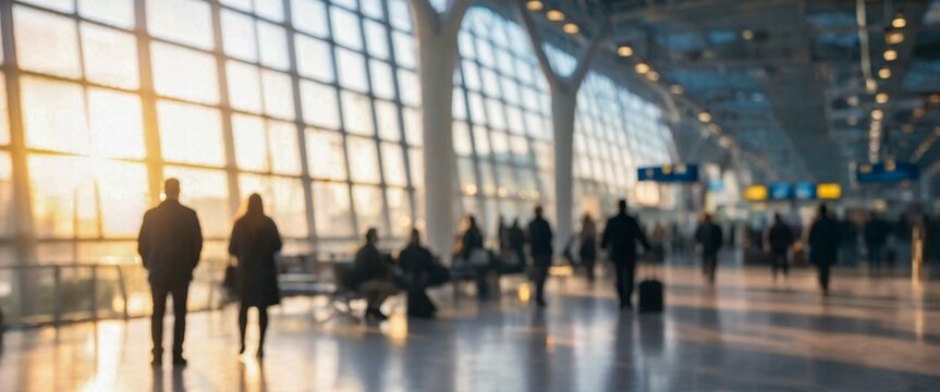 Blurred busy airport terminal hall with travelers walking past large windows during sunset lighting background.