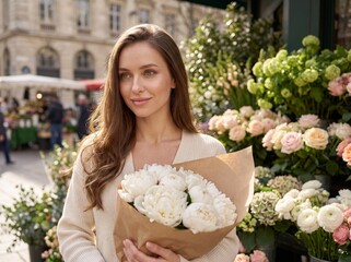 Fototapeta premium Elegant young woman holding bouquet of white peonies wrapped in craft paper near outdoor flower shop, Parisian spring street portrait.