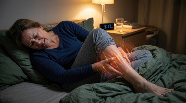 Nocturnal leg cramp: muscle contraction, sharp pain, sudden spasm, calf stiffness, uncontrolled twitch, electrolyte dehydration, neuromuscular fatigue, persistent soreness, acute ache.