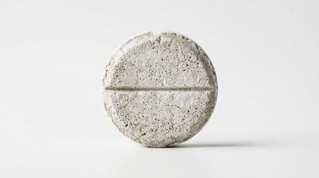 A single round pill of expired medication made of porous concrete texture with a central score line sits isolated against a neutral white background, highlighting a conceptual health theme