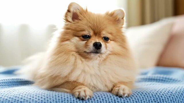 Adorable fluffy Pomeranian dog resting comfortably on a blue blanket