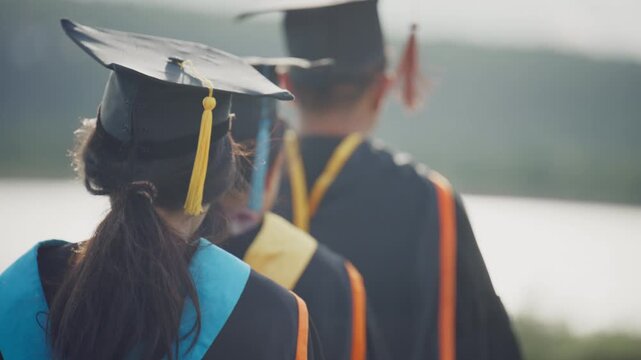 University Students in Graduation Gowns Ready for Commencement Ceremony