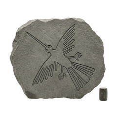 Fototapeta premium Stone plaque with carved hummingbird design, textured grey surface, isolated.