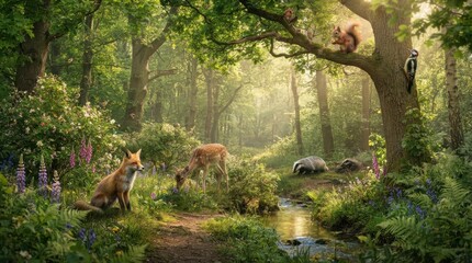 Fototapeta premium Enchanted Forest Haven: A magical woodland scene unfolds with a fox on a path, a badger by a stream, a deer browsing, a squirrel in a tree, and a woodpecker, all bathed in dappled sunlight.