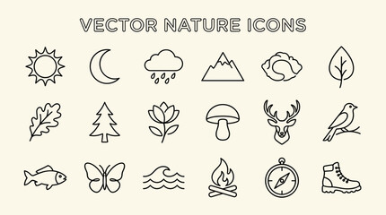 Obraz premium Vector nature icon set with wildlife weather and outdoor symbols