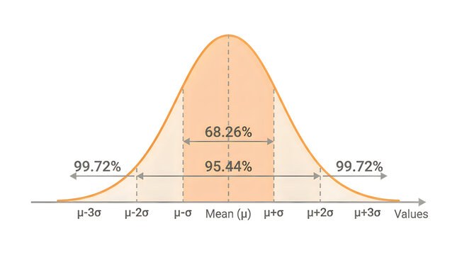 Normal distribution bell curve chart showing standard deviation percentages and mean value in statistics