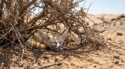 Fototapeta premium Desert Dweller's Slumber: A fennec fox rests peacefully beneath the shade of a desert shrub, its large ears prominent against the arid landscape of sand dunes.