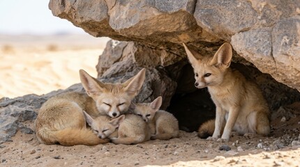 Fototapeta premium Desert Dweller Family: A fennec fox mother sleeps nestled with her pups under the shade of a desert rock formation, while another fennec fox keeps watch nearby in the arid landscape.