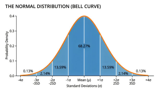 Normal distribution bell curve chart showing probability density and standard deviations for statistical analysis and mathematical data representation