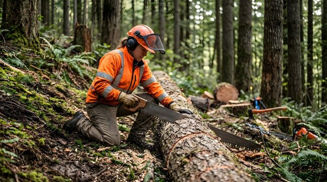 Professional female logger in safety gear using a manual crosscut saw on a timber log in a lush forest environment, showcasing traditional forestry work and manual labor.