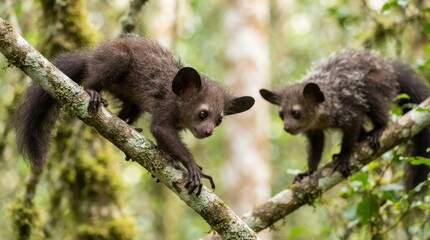 Fototapeta premium Two Aye-ayes on a Branch: A pair of rare aye-ayes, known for their unique appearance and nocturnal habits, perch on a moss-covered tree branch in their natural rainforest habitat.
