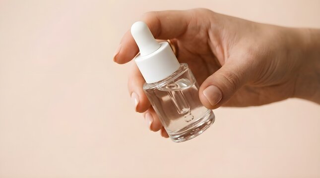 Close-up of female hand holding dropper serum bottle. Skincare product mockup with no brand.