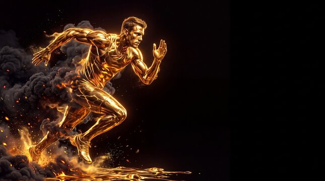 Running sprinter athlete made of molten gold, glowing fire and smoke