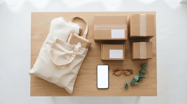 top view flat lay of eco friendly parcel boxes tote bag blank smartphone screen and eyeglasses on wooden table online shopping ecommerce concept