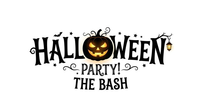 Halloween party the bash typographic design featuring a glowing pumpkin jack-o-lantern and hanging lamp