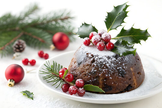 Christmas pudding with holly leaves, berries and powdered sugar, isolated on white background, traditional festive food photography, realistic texture, studio lighting, no text, no logo.