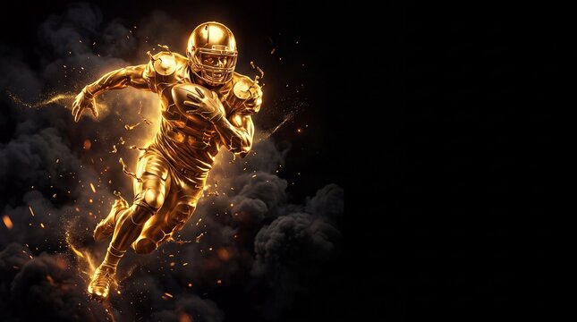 American football player made of molten gold, fire and smoke sprinting across a black background with a football