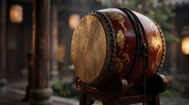 Cinematic close-up of a traditional red Chinese drum with golden patterns in a temple courtyard