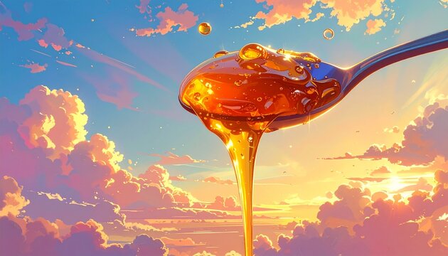 夕焼け空を背景にスプーンから滴る黄金色のシロップ