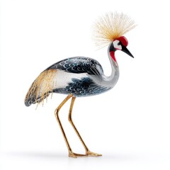 Fototapeta premium Glittering Decorative Grey Crowned Crane Ornament With Gold Accents Isolated On White Background